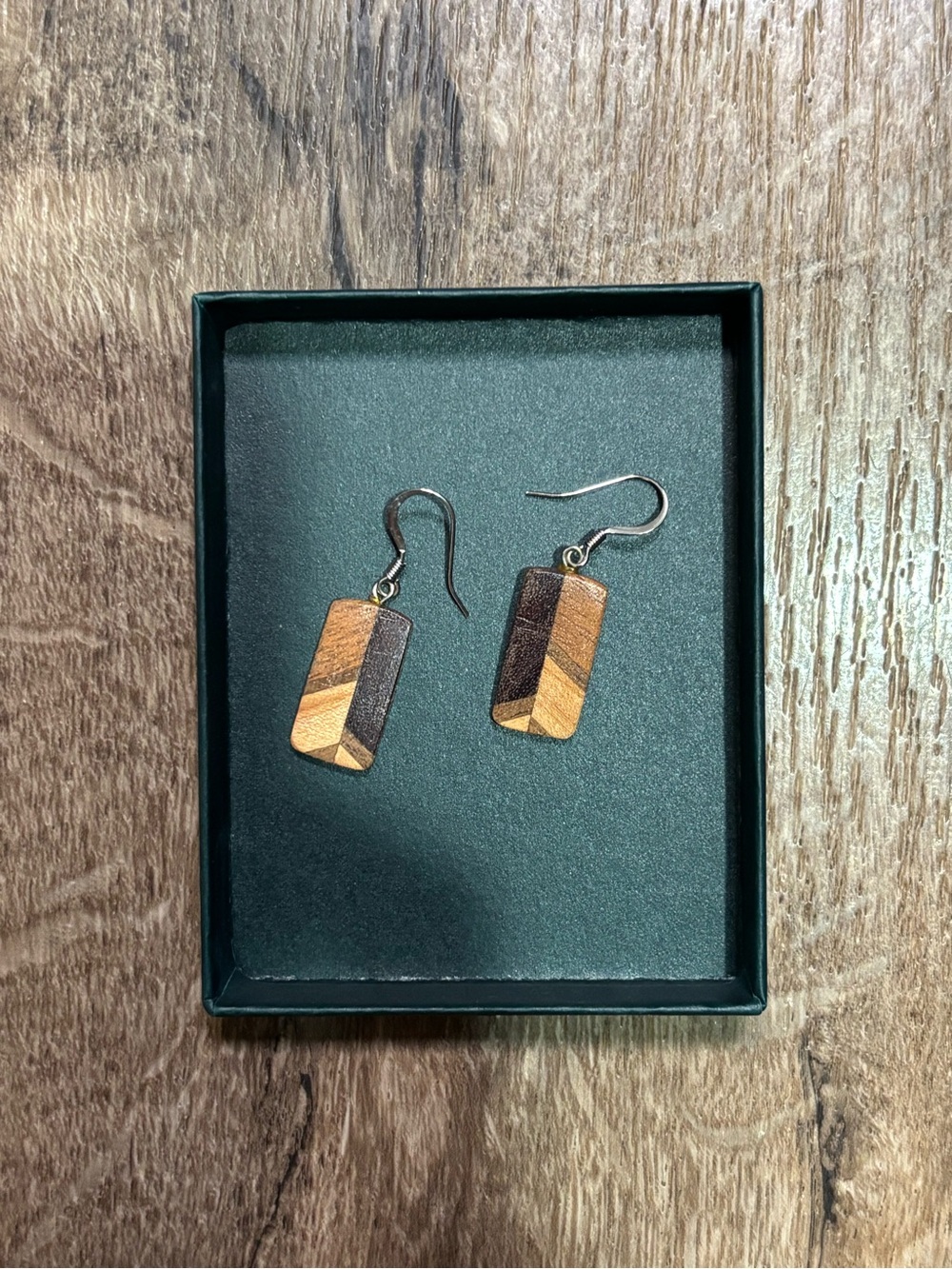 Handcrafted Wooden Rectangle Drop Earrings - Brown & Tan